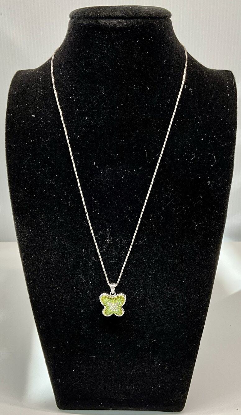 Vintage .925 Sterling Silver 16” Chain And Butterfly Pendant With Green Stones